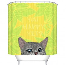 Goodbath Cute Cat Kitty Shower Curtain, Quotes “ You Happy Yet” Pattern, Water Free Mildew Free Fabric Bathroom Curtains, 72 x 72 Inch, Green (Green)